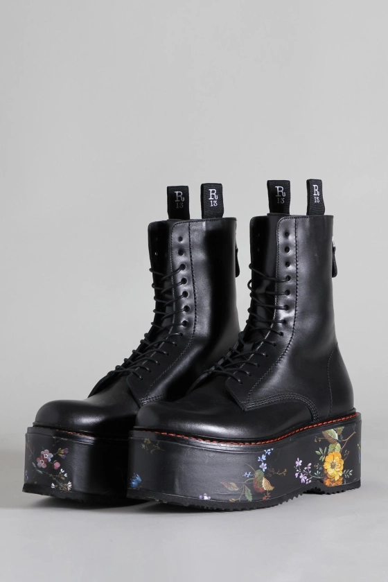 DOUBLE STACK BOOT - BLACK WITH FLORAL PLATFORM - R13 COMBAT BOOTS