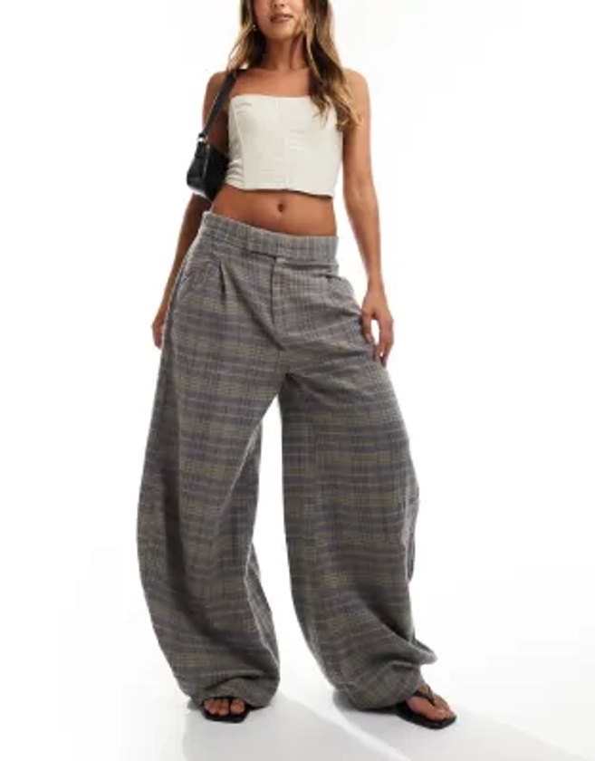 Free People wide leg baggy trousers in navy check | ASOS