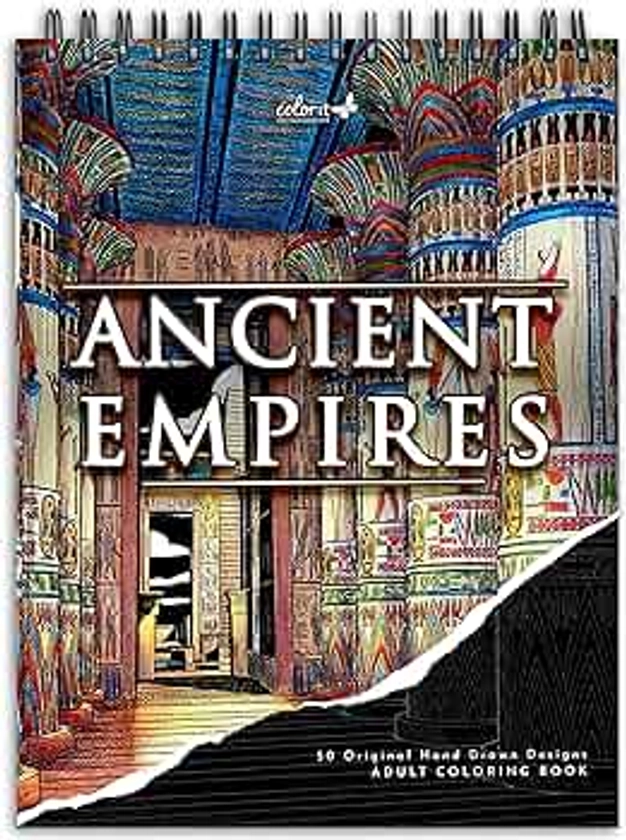 ColorIt Ancient Empires Spiral Bound Coloring Book for Adults, 50 Illustrations of Legendary Figures, Timeless Wonders and Lost Empires, Thick Paper, Perforated Edges, Hardback Covers, & Ink Blotter