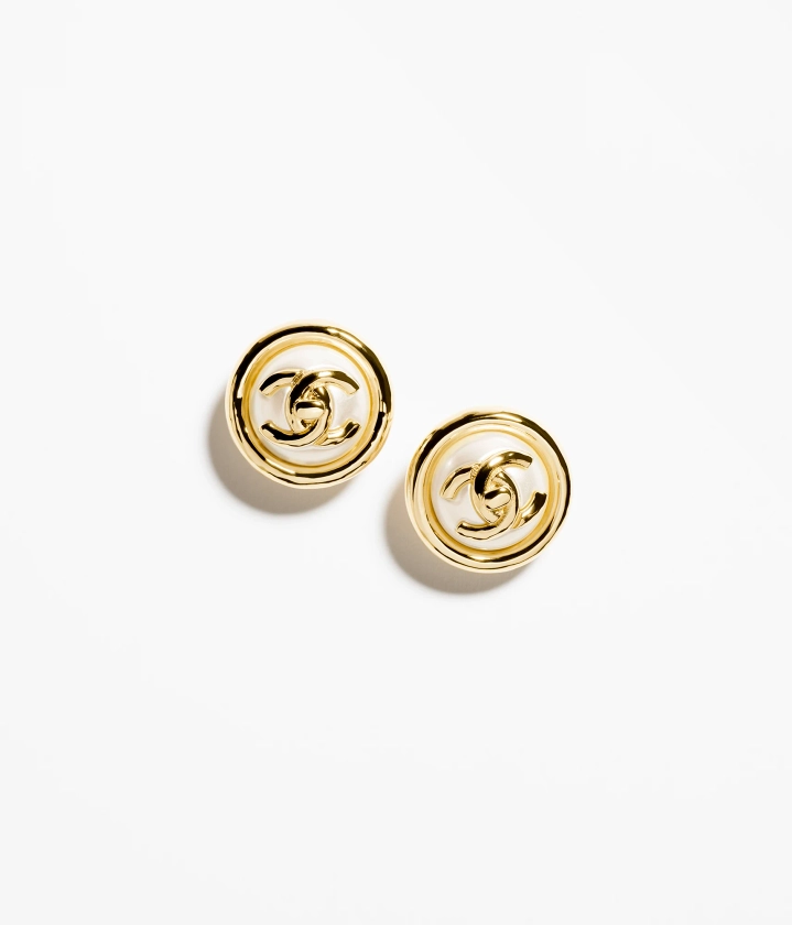 Stud earrings - Metal & resin, gold & pearly white — Fashion | CHANEL