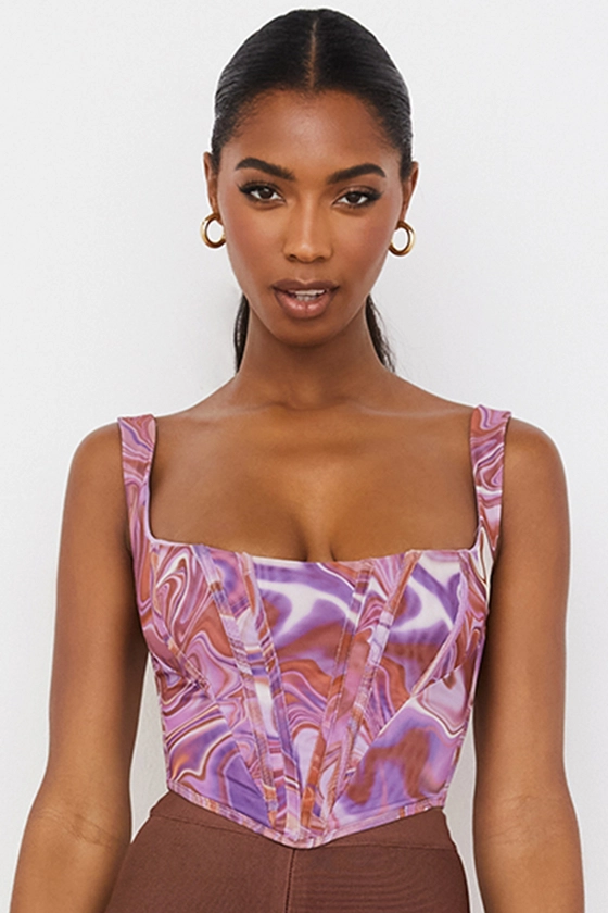 Clothing : Tops : 'Ninetta' Purple Swirl Print Mesh Corset