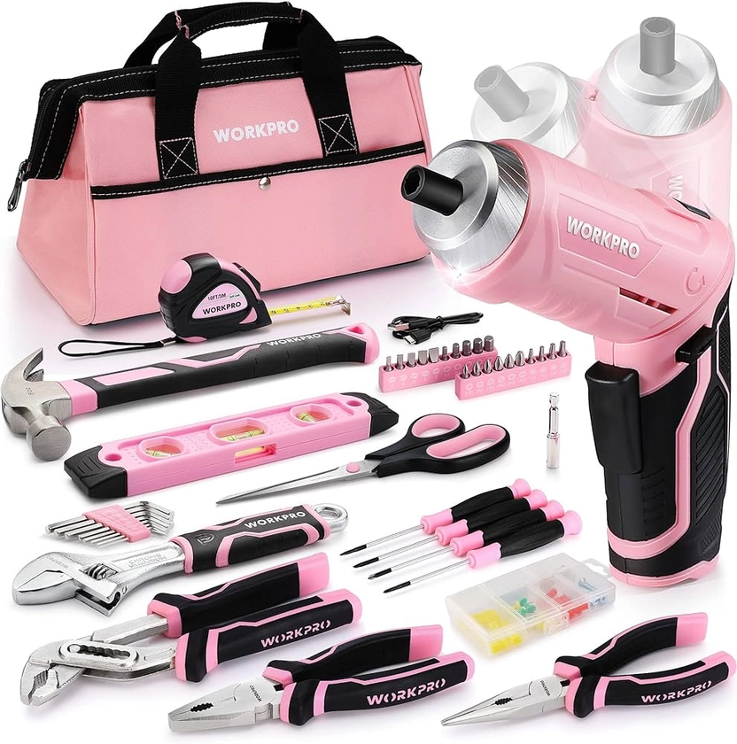 WORKPRO 74-Piece Tool Set with Cordless 3.7V Screwdriver, Pink Tool Kit with Carrying Bag, Tool Kit for Home, Durable, Long Lasting Tool Kit, Perfect for DIY, Home Repair : Amazon.co.uk: DIY & Tools