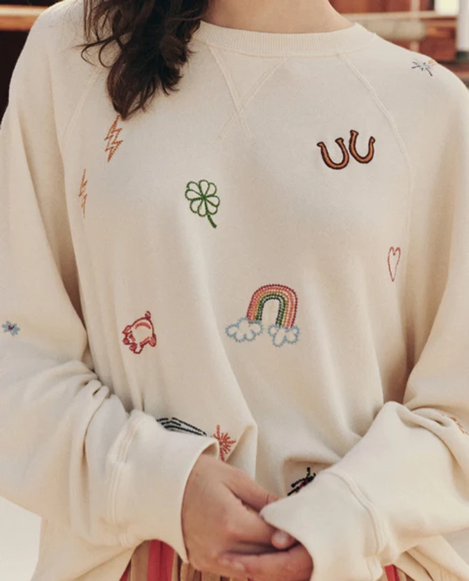 The Slouch Sweatshirt. Embroidered -- Washed White with Charm Embroidery