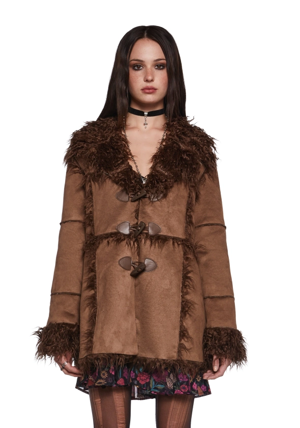 Current Mood Faux Suede Fur Trim Toggle Jacket - Brown