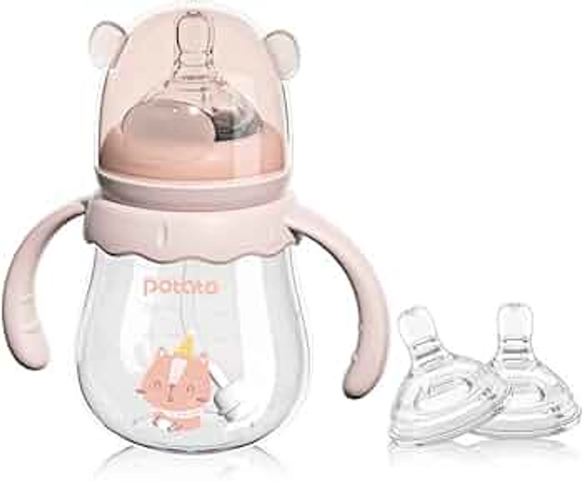 POTATO Glass Baby Bottles, Anti-Colic Breastfeeding Bottles with Medium Flow Nipple, Suitable for Babies 3-6 Months, 2 Replaceable Nipples, 6 oz, Pink