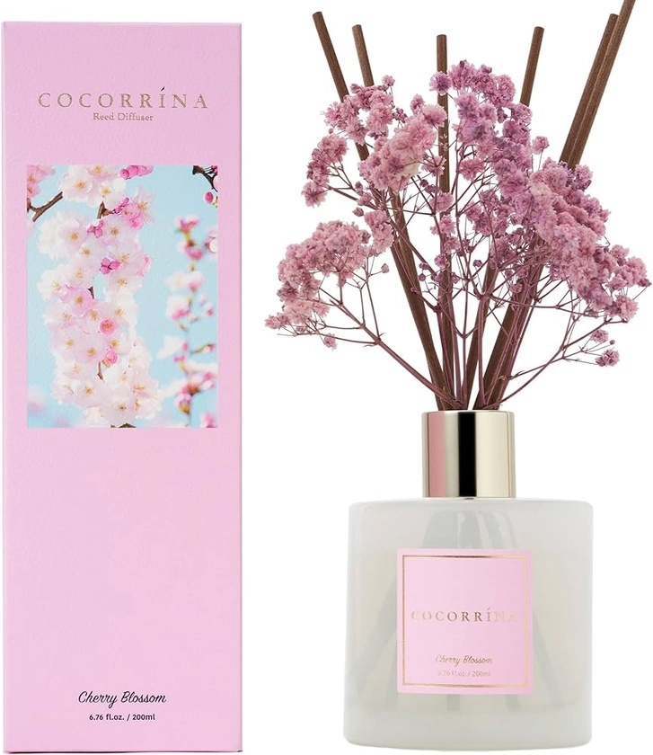 COCORRÍNA Diffuseur Parfum Maison, Fleur de Cerisier 200ml avec Diffuseur Bâtonnets diffuseur de Parfum, Batonnets Diffuseur Parfum, Reed Diffuseur pour Salle de Bain étagère décoration