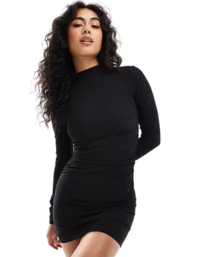 Bershka polyamide ruched front mini dress in black | ASOS