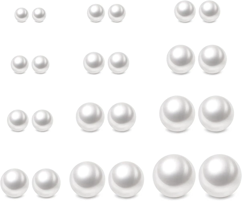 Charisma 4-12mm Composite Round Ball Pearls Stud Hypoallergenic 12 Pairs Mixed Sizes Imitation Pearl Stainless Steel Earrings Set for Girls Women