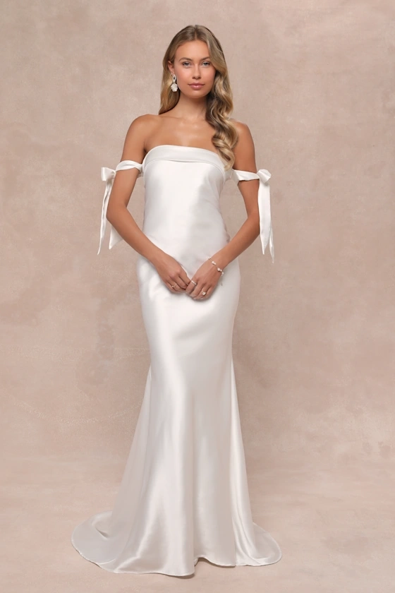 Eternally Loved White Cutout Satin Off-the-Shoulder Maxi Dress