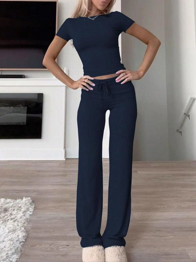 Women's Solid Short Sleeve Two-piece Set, Casual Tracksuit, Round Neck Crop Tee & Drawstring High Waist Trousers, Sixth Form Outfit, Co Ords for Women, Holiday Evening Outfits, Classy Going Out Tops & Pants Autumn Outfits 2024, Gym Sets, Fall Outfits