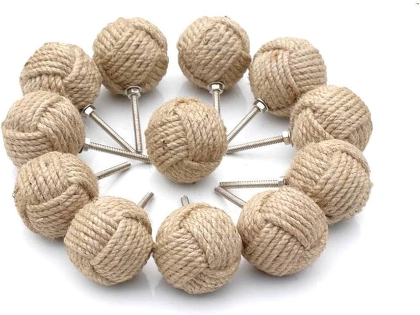 NAUTICAL GIFT STORE Lot de 12 boutons de tiroir en corde de jute blanche avec motif singe, Naturel