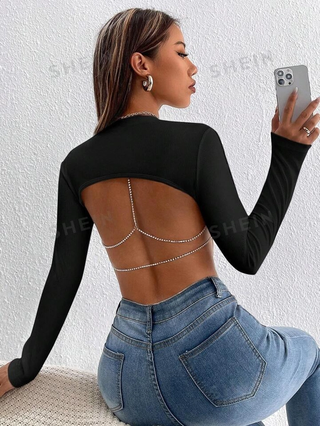 SHEIN PETITE Diamond Chain Decorated Long Sleeve Cropped T-Shirt With Open Back