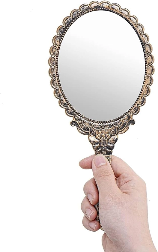 BLeezm 1 PCS Miroir a Main, Miroir avec Poignée Cosmétique, Miroir de Main Ovale, Miroir Coiffeur, Miroir de Main Ancien （Bronze）