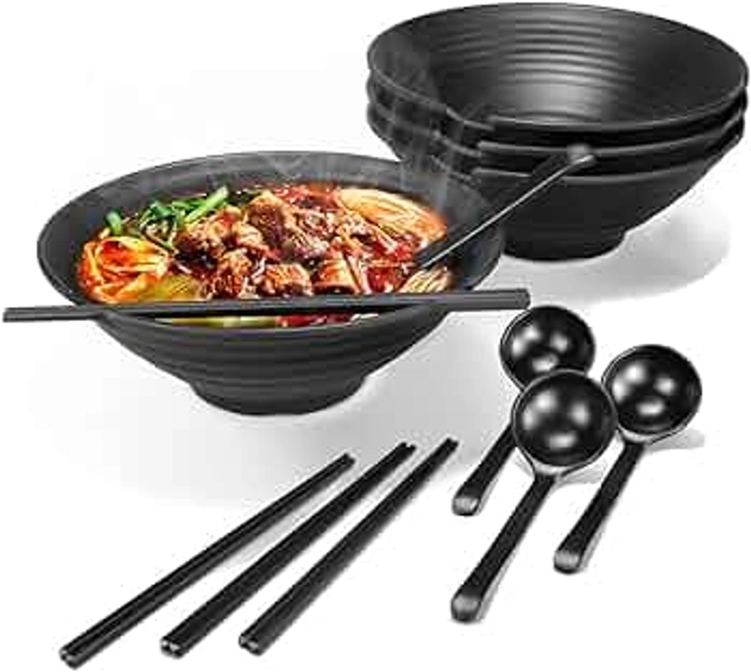 4 Set Large Noodle Ramen Bowl - Plastic Japanese Picnic Tableware for Pasta Dishes Salad Udon Soup Soba Pot Noodles Bowls 4×1100 Ml Bowl Chopsticks Spoon Sets Suit for Dinner Christmas Birthday Gifts