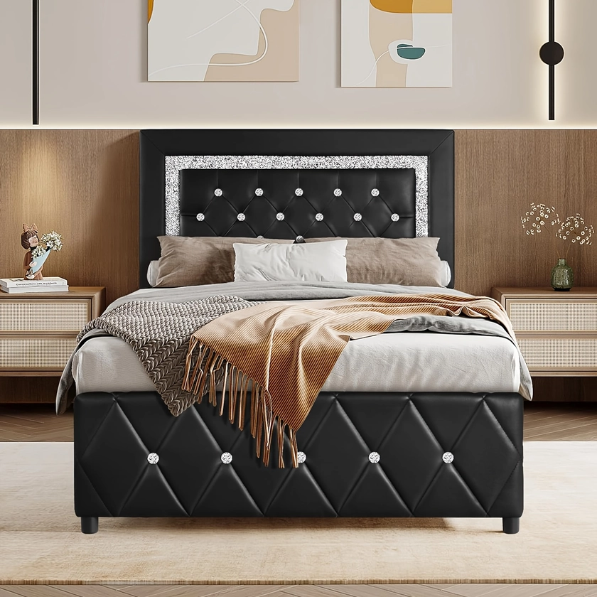 Twin Size Bed Frame With Adjustable Diamond Headboard, Upholstered Platform Bed With Headboard&Footboard, Heavy Duty Wood Slats, No Box Spring Need, N