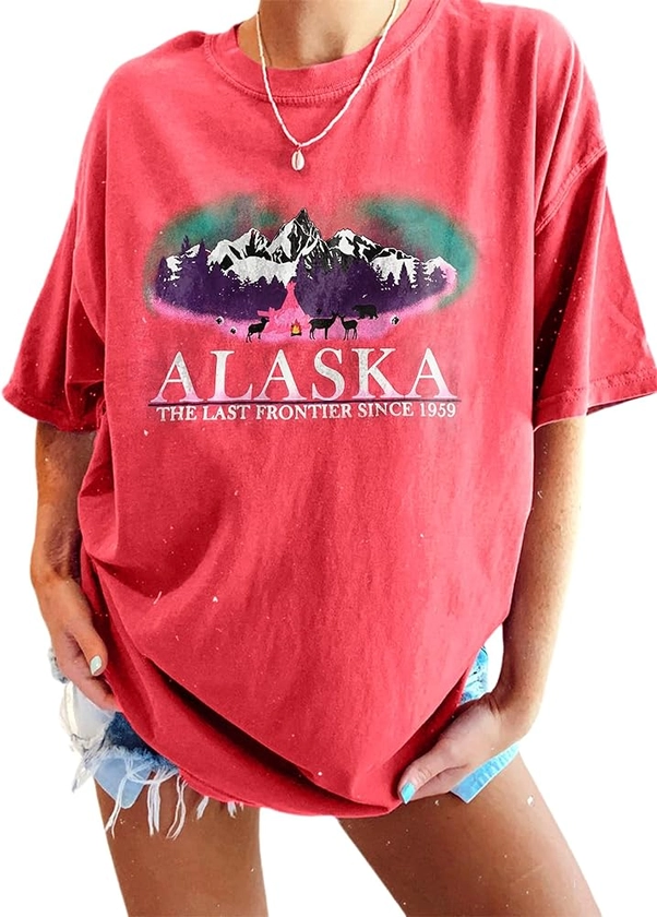 CSDAJIO Women's Graphic Oversized Tee Mountain Letter Print Alaska Shirt Vintage Half Sleeve Loose Casual T Shirts OwAlaska Raspberry Medium at Amazon Women’s Clothing store