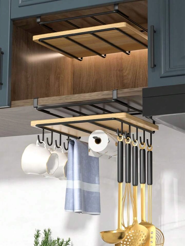 1pc Large Capacity Kitchen Storage Rack - Multi-Layered Spice Container Holder With Hanging Hook, Wall Mount, Metal Material, And Tableware Organizer - Space-Saving Kitchen Accessories- Hanger Stand Under Shelf Chopping Board Holder