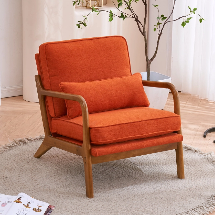 UBesGoo Modern Arm Chair Linen Fabric Upholstered Comfy Reading Accent Chair with Solid Wood Frame Orange