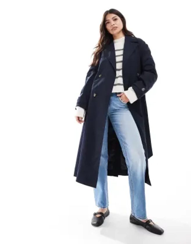 Mango longline core trench coat in navy | ASOS