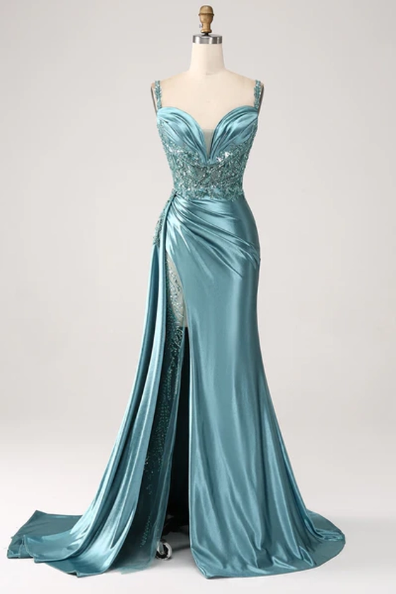 Robe de Soirée à paillettes en satin à col en V bleu sirène avec fente