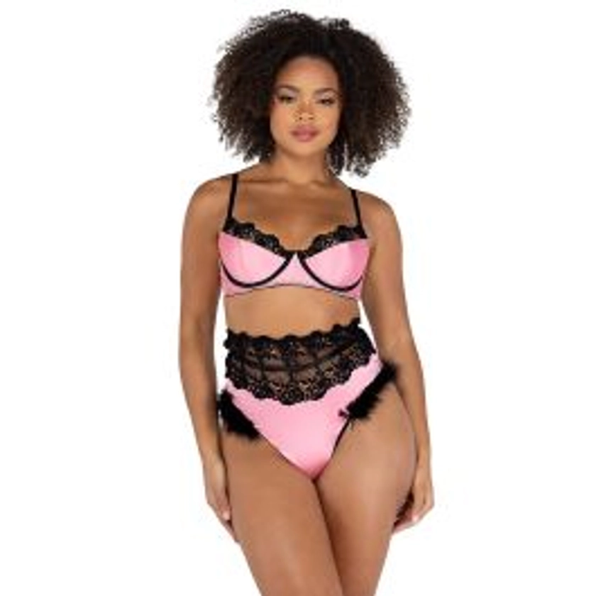 Roma baby pink ruffle satin lace thong set