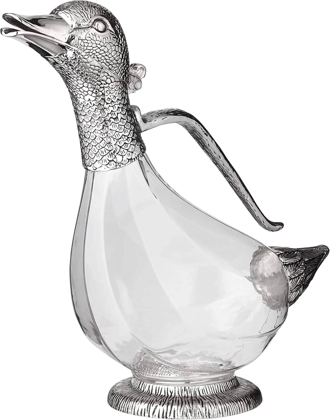 Edzard wine decanter carafe, duck shape, height 10 in, capacity 0.9 litre, silver plated elements