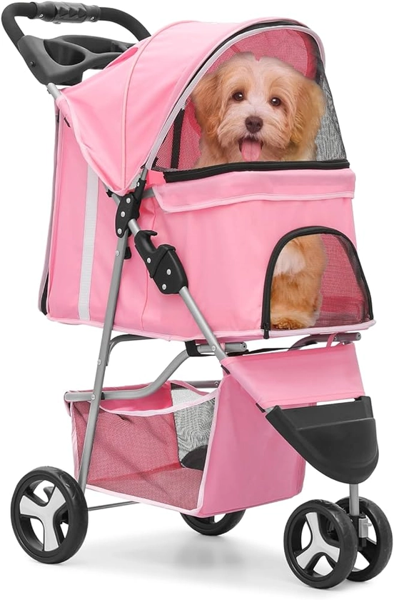 MoNiBloom Foldable 3-Wheel Pet Stroller with Storage, Cup Holder, and Waterproof Cover for Small Dogs and Cats