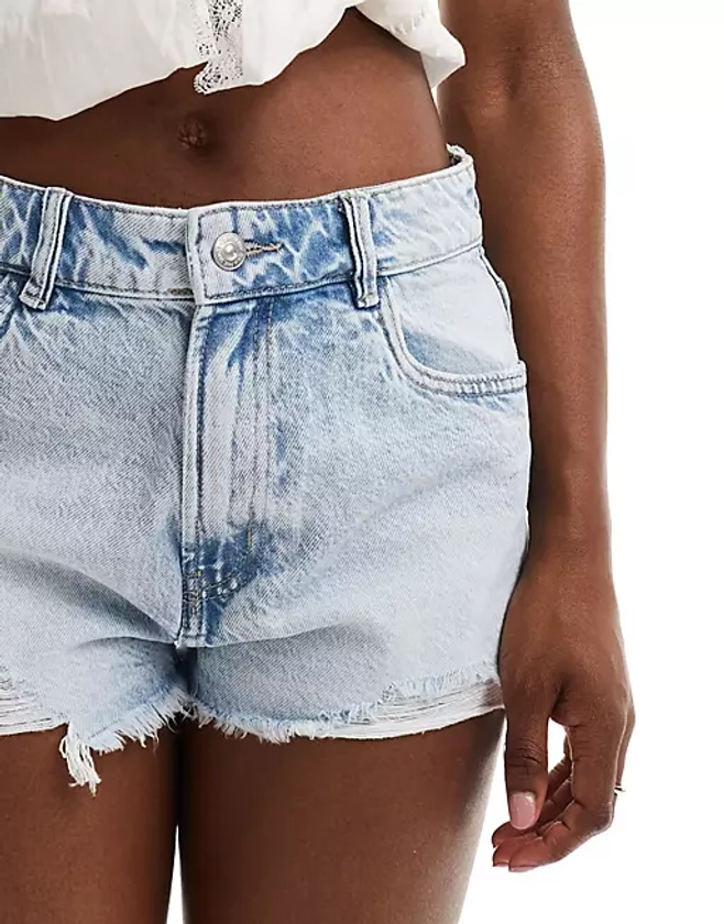 Pimkie distressed high waisted denim shorts in light blue | ASOS