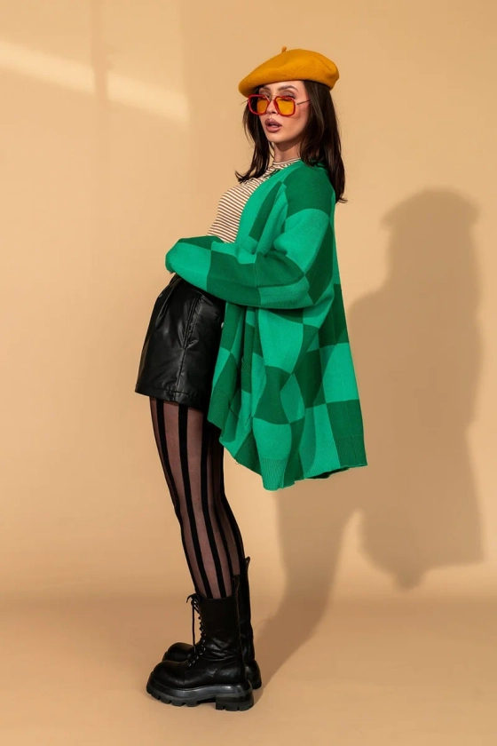 Love You Oversized Checkerboard Cardigan in Green Girl