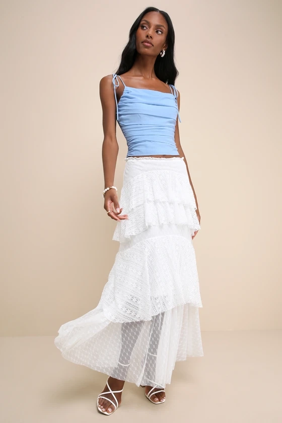 Impressively Darling Ivory Mesh Lace Tiered Midi Skirt