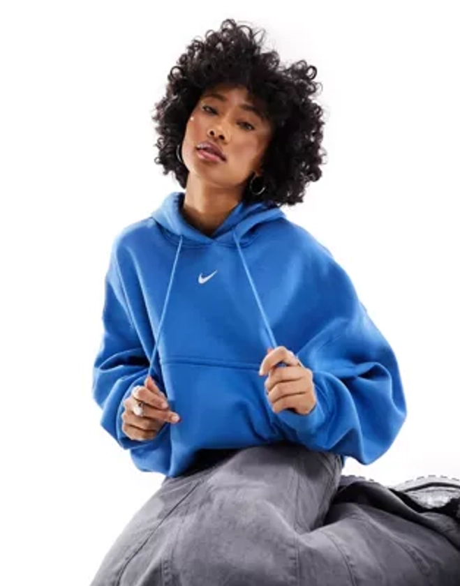 Nike mini swoosh extra oversized crop fleece hoodie in star blue | ASOS