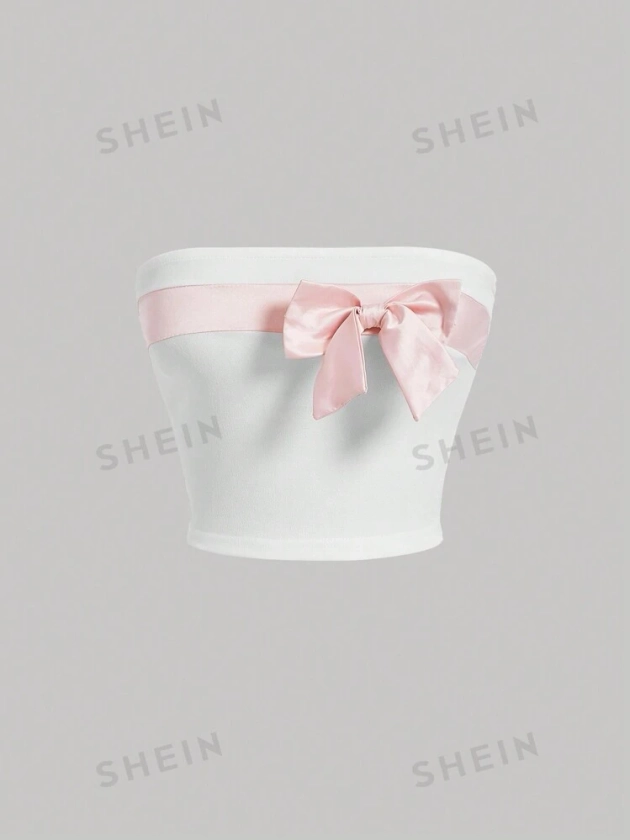 SHEIN MOD Pink Bow Front White Date Night Cropped Tube Top | SHEIN UK