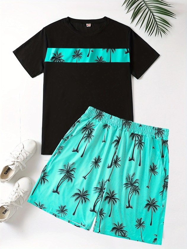 Palm Trees Print, Men's 2Pcs Outfits, Casual Crew Neck Short Sleeve T-shirt And Drawstring Sweatpants Joggers Set For Summer, Men's Clothing