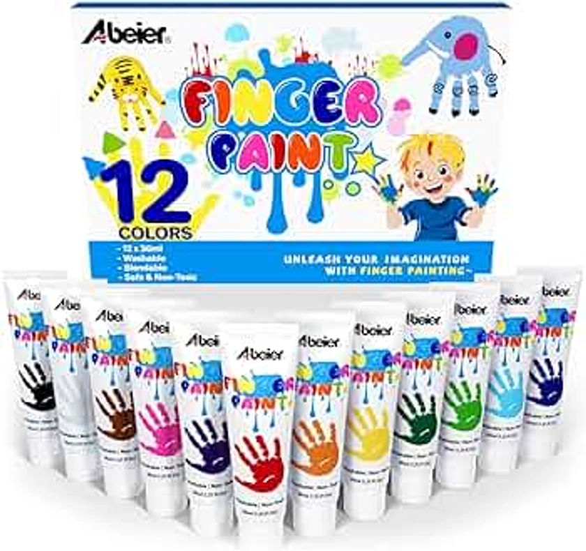 ABEIER Peinture lavable pour enfants, peinture au doigt non toxique pour tout-petits, fournitures de peinture artistique, cadeau pour bébé, peinture à la main, 12 couleurs, 36 ml/tube