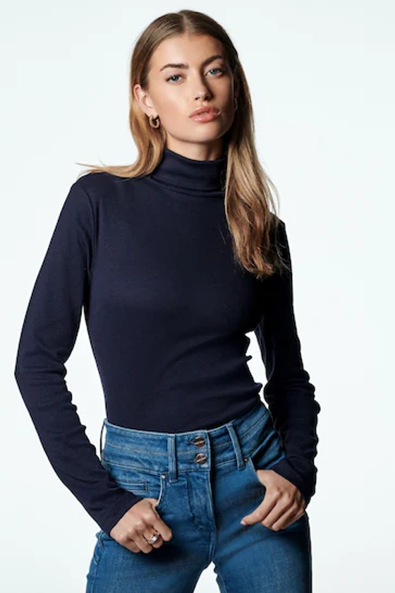 Navy Long Sleeve Ribbed Roll Neck Top