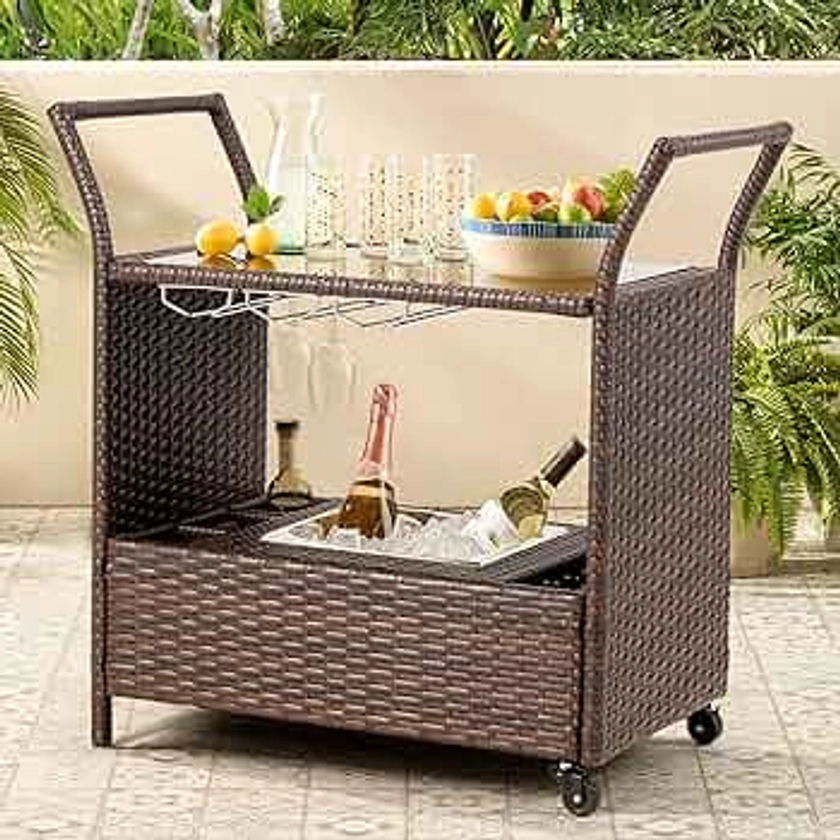 Vicluke Outdoor Wicker Bar Cart with Removable Ice Bucket, Rattan Bar Serving Cart with Glass Holder and Wheels, Beverage Cart with Glass Countertop for Pool, Party, Backyard