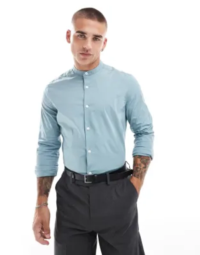 ASOS DESIGN slim fit grandad collar shirt in duckegg blue