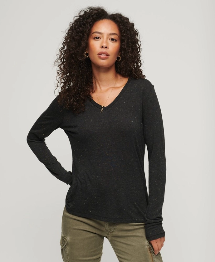 Womens - Long Sleeve Jersey V-Neck Top in Black Metalic | Superdry UK