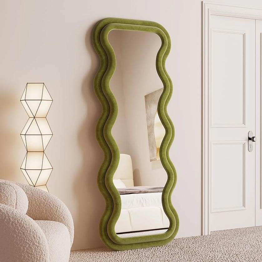 BOJOY Full Length Mirror 63"x24", Irregular Wavy Mirror, Arched Floor Mirror, Wall Mirror Standing Hanging or Leaning Against Wall for Bedroom, Flannel Wrapped Wooden Frame Mirror -Green