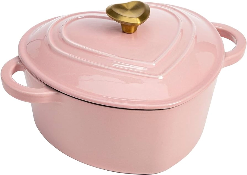 Paris Hilton Enameled Cast Iron Dutch Oven Heart-Shaped Pot with Lid, Dual Handles, Works on All Stovetops, Oven Safe to 500°F, 2-Quart, Pink