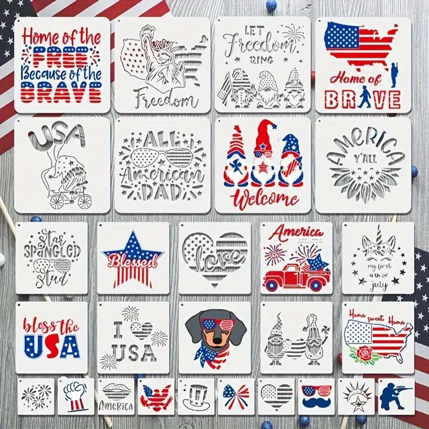 28-Piece Patriotic Stencil Set For 4Th Of July - American Flag Designs For Diy Scrapbooking, Wall & Floor Decor, Rock Painting Art Projects