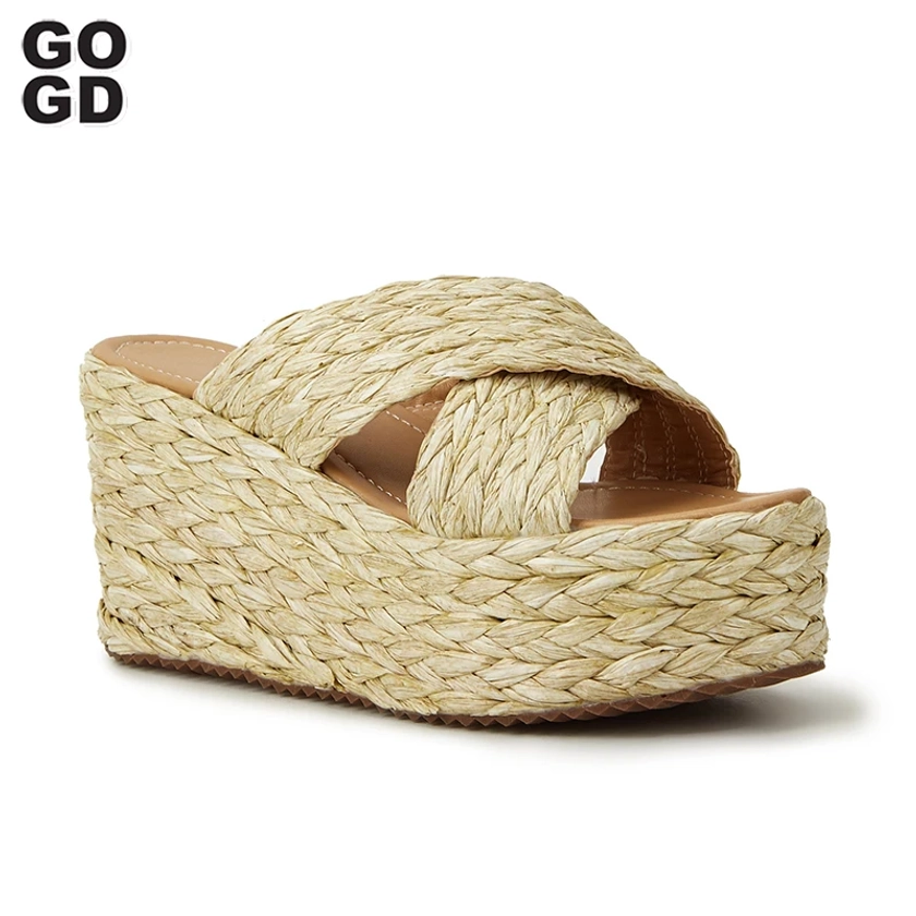 GOGD Brand Fashion Women's Platform Summer Sandals Wedge Casual Cane Straw Weave Sandals Slip-On Peep Toe Shoes Bohemian Style