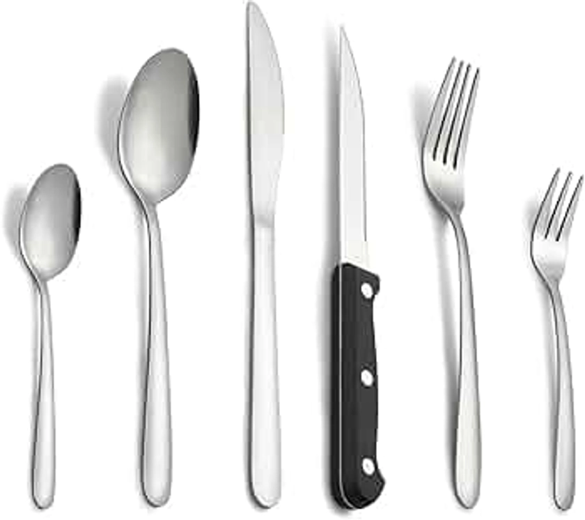 Pleafind Couverts avec couteau a steak, 72 pièces couverts de table pour 12 personnes, couvert en argent comprenant cuillère, couteau, fourchette, set couverts de table inox, lave-vaisselle