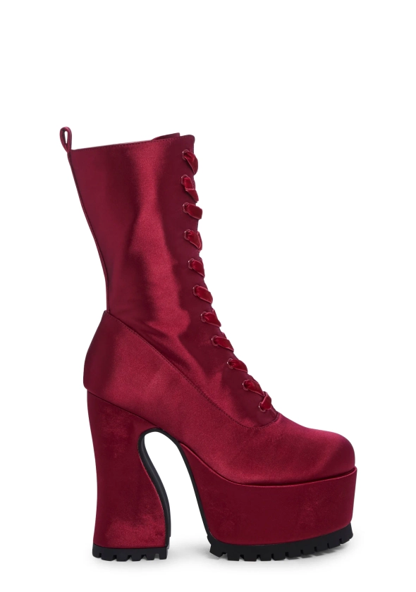 Current Mood Satin Lace Up Platform Boots - Red