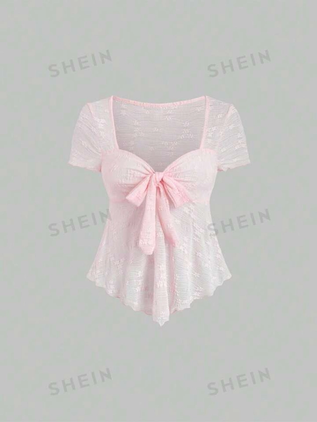 SHEIN MOD Women's Summer Solid Color Front Knot Short Sleeve Mesh T-Shirt | SHEIN USA