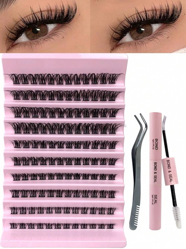 Hinarin 120 Pcs DIY Lashes Extension Kit Lash Clusters With Bond And Seal Tweezer Kit Individual Lashes D Curl Fluffy Eyelash Clusters (10 Rows 8-16MM Mixed) | SHEIN USA