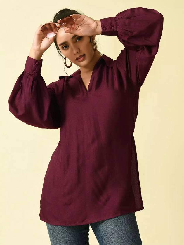 Maroon Collared High Slit Casual Tunic | ADFY-SNRS-626 | Cilory.com