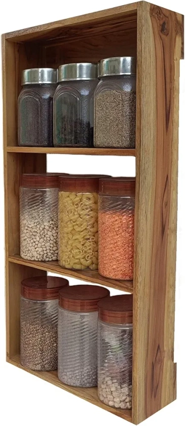 TEAKWOODKART Wall Mounting Wooden Multipurpose Container/ Spice Jar/ Utensils/ Bottle Storage Organizer/ Stand/ Cabinet/ Basket/ Rack/ Shelf for Kitchen |TWK_KR027| : Amazon.in: Home & Kitchen