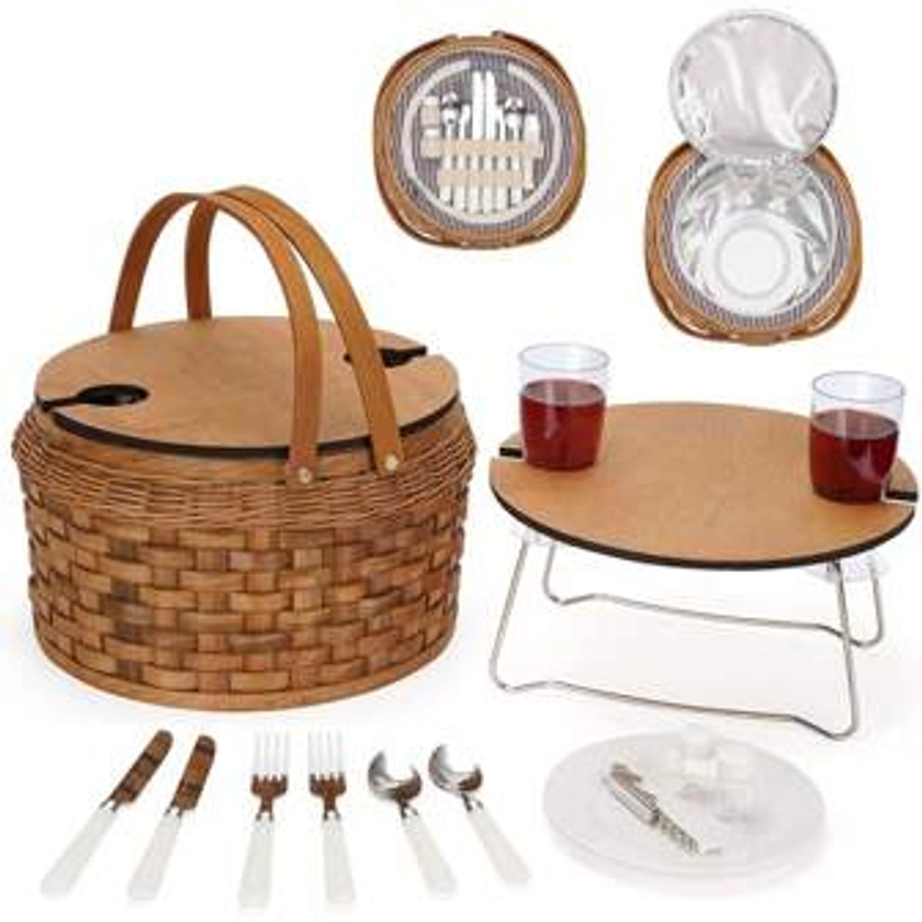 Picnic Basket with Removable Wood Table, Picnic Basket for 2, Picnic Hamper with Service for 2 Persons and Insulated Cooler Compartment, Great Gift for Thanks-Giving, Christmas