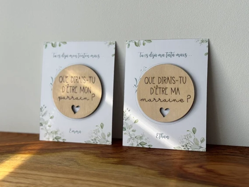 Magnet en bois personnalisé avec carte + enveloppe cadeau - Demande surprise Parrain Marraine - Annonce grossesse - Cadeau baptême Communion